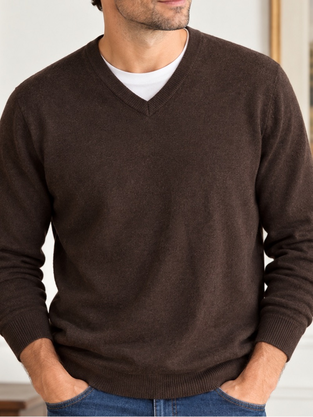 J.Crew Men’s XL Brown Cotton Cashmere V-Neck Sweater Classic Preppy